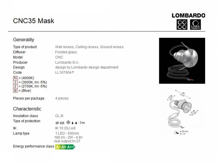 Vanjska ili unutarnja ugradna LED svjetiljka Lombardo CNC35 Mask 1 LED 2W Cijena