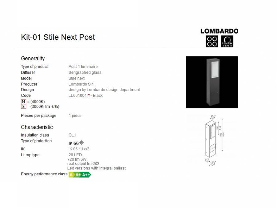 Rasvjetni LED stupić Lombardo Kit-01 Stile Next Post IP66 6W Cijena